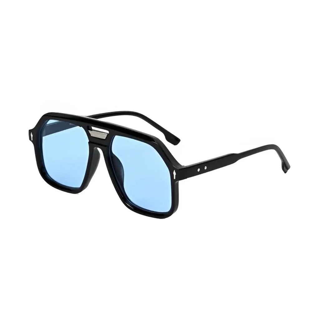 Black Oversize Square Aviator Sunglasses Blue Tinted Lens Flat Top Double Bridge